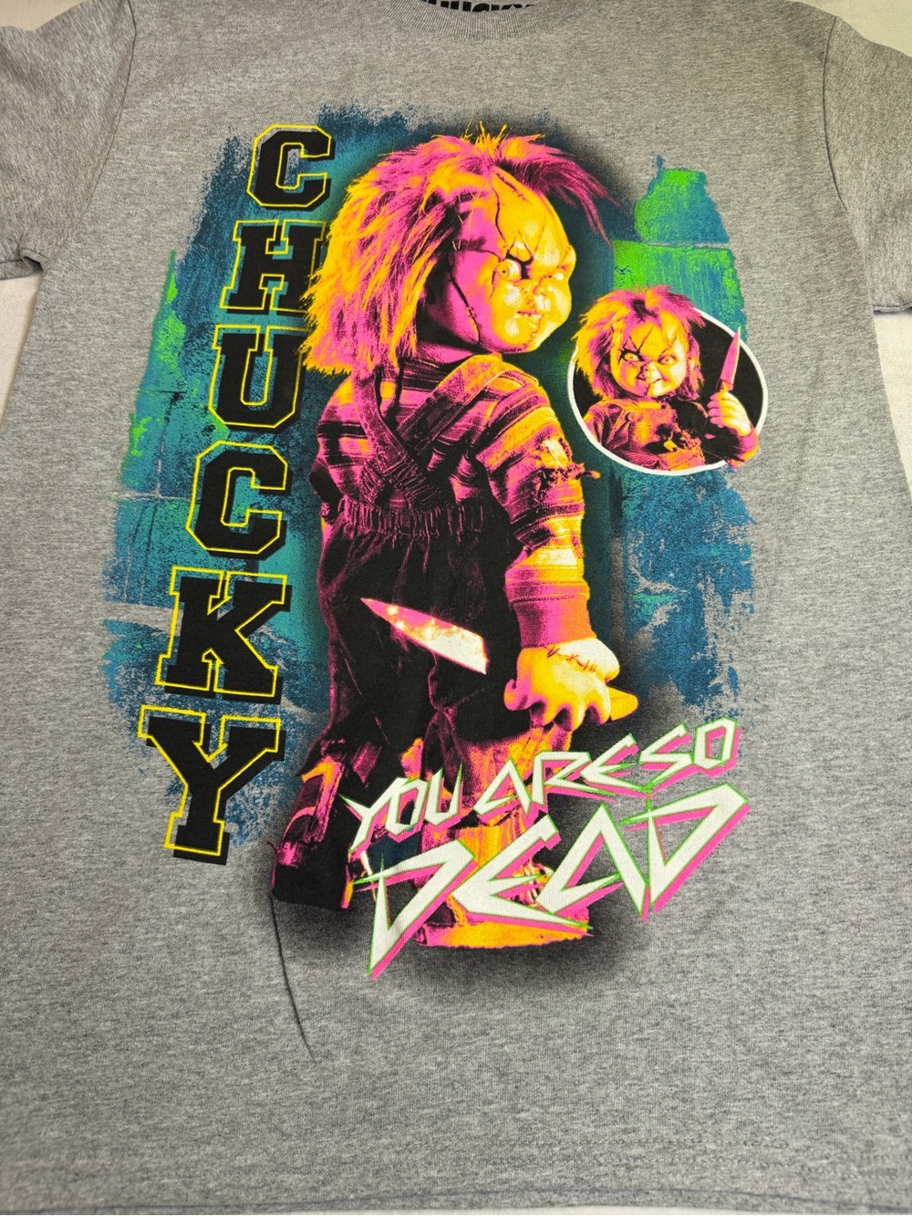Chucky Graphic Kids Tee - Grey with Neon Print